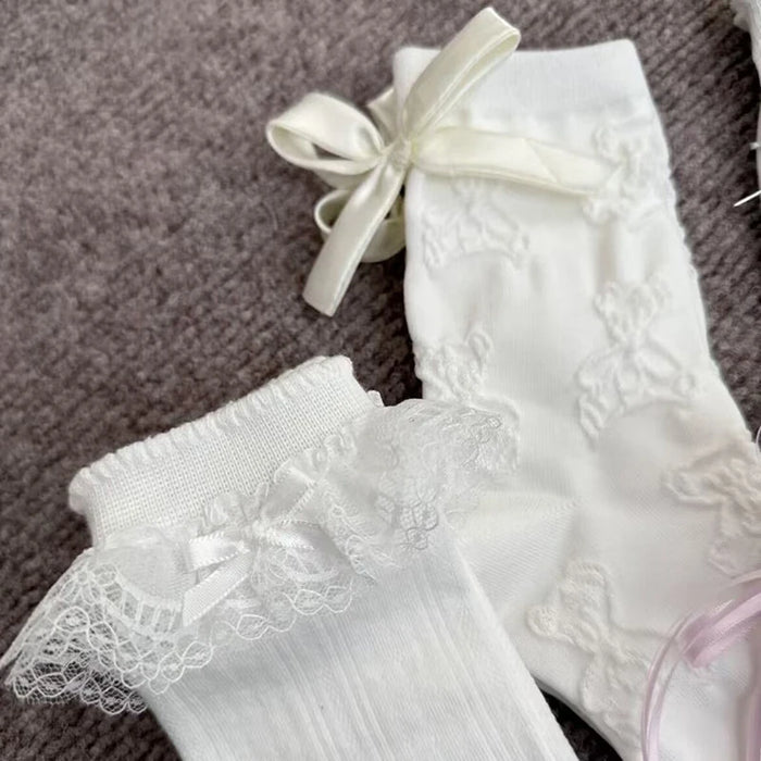 5 Pairs Women Flower Edge Bow Mid Tube Socks