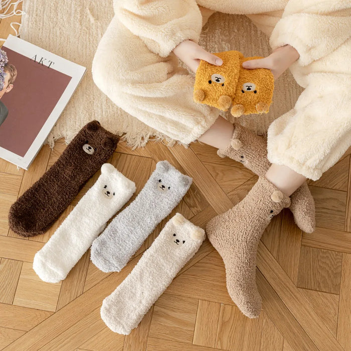 Cute Bear Coral Plush Socks