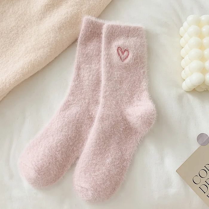 thickened-middle-tube-socks-mink-fur-pink-embroidered-heart-shaped-women-autumn-winter-warm-sleep-home-solid-color-plush-sock