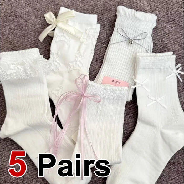 5 Pairs Women Flower Edge Bow Mid Tube Socks