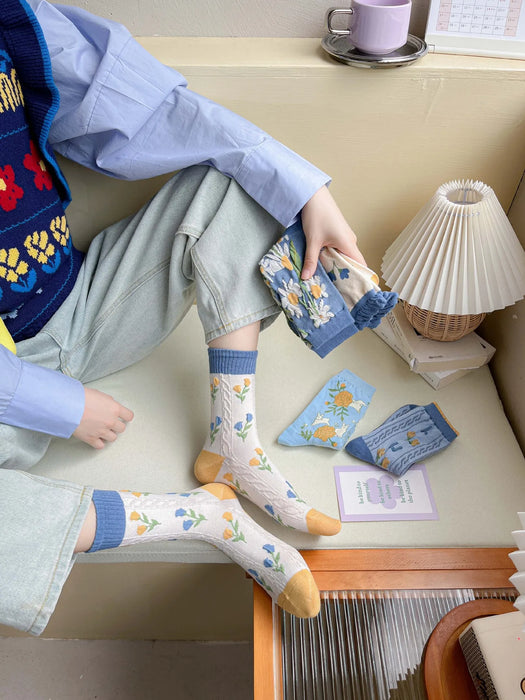 Blue Women Cartoon Print  Socks