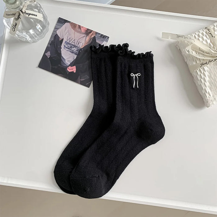Lace Bow Long Socks Casual Crew Loose Sox Mid-tube Thin Stockings