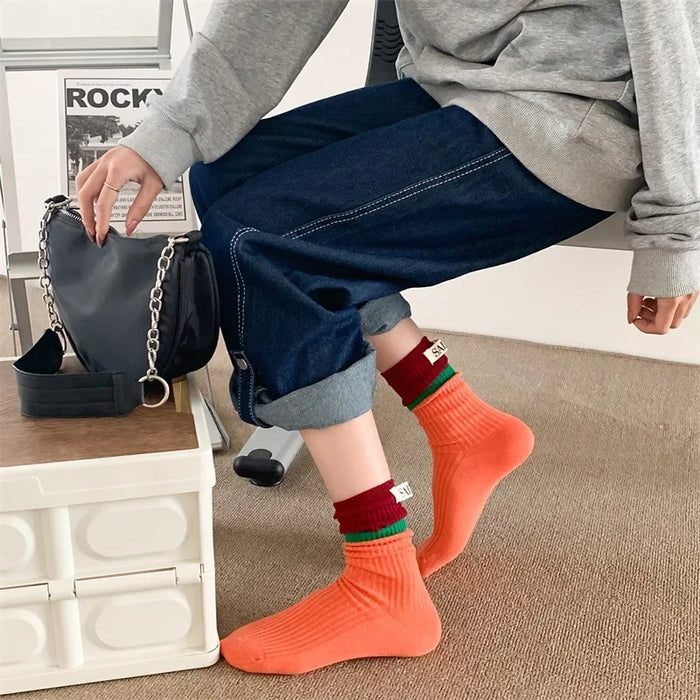 Contrast coloured socks, women's high top pile up socks