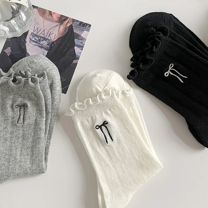 Lace Bow Long Socks Casual Crew Loose Sox Mid-tube Thin Stockings