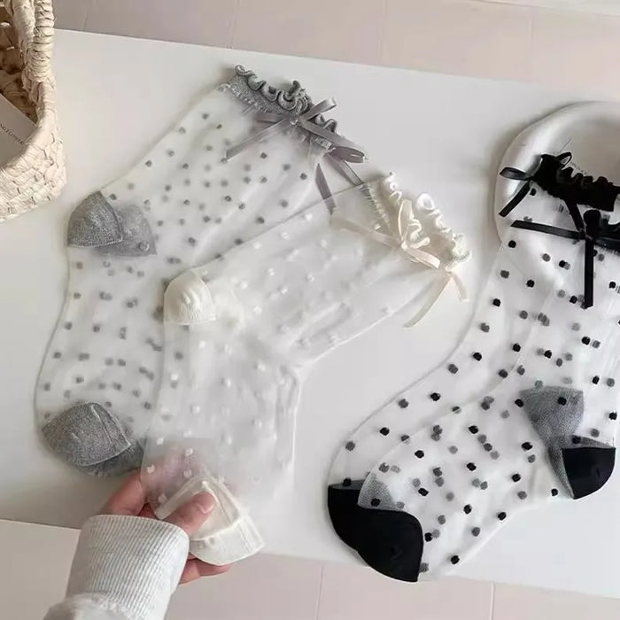 Lolita Sweet Girls Lace Bow Socks for Girls Ultra-thin Transparent