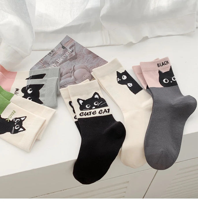 Fashion Cat Cartoon Socks, Breathable Long Causal