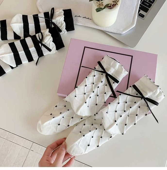 Trendy Sweet Crew Socks Bow Striped