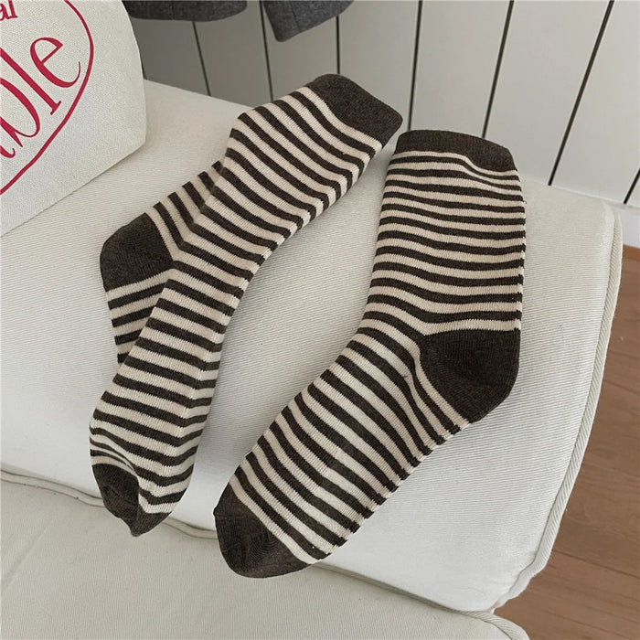 Striped Cotton Socks Women’s Breathable Middle Tube Socks