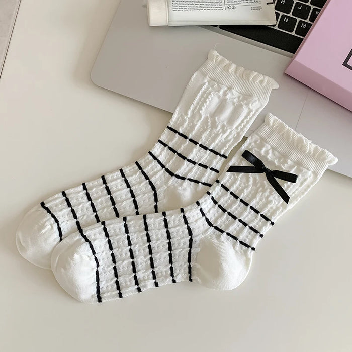 Trendy Sweet Crew Socks Bow Striped