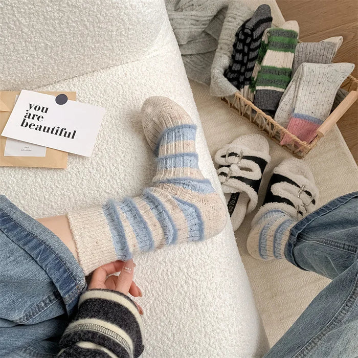 Wool Stripe Designer Socks Middle Tube