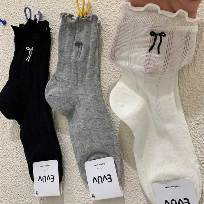 Lace Bow Long Socks Casual Crew Loose Sox Mid-tube Thin Stockings
