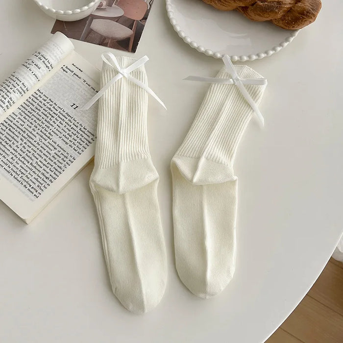 Sweet Bowknot Tied Middle Tube Socks Women Heel Bow Socks