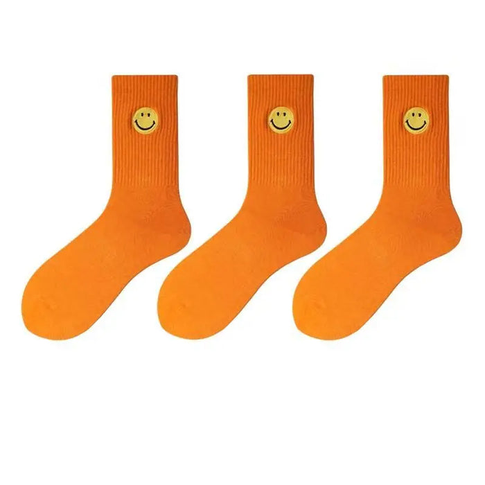 solid-color-medium-tube-socks-for-womens-fresh-smiling-face-pattern-simple-style-comfortable-breathable-girl-socks