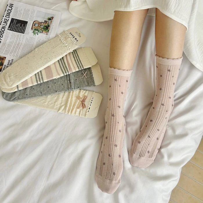 1/5 Pairs Women Flower Edge Bow Mid Tube Socks