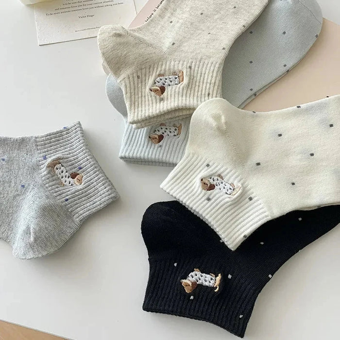 womens-socks-cartoon-dog-embroidery-short-socks-spring-summer-thin-cute-cotton-socks-boneless-sweat-absorbing-wave-point-socks