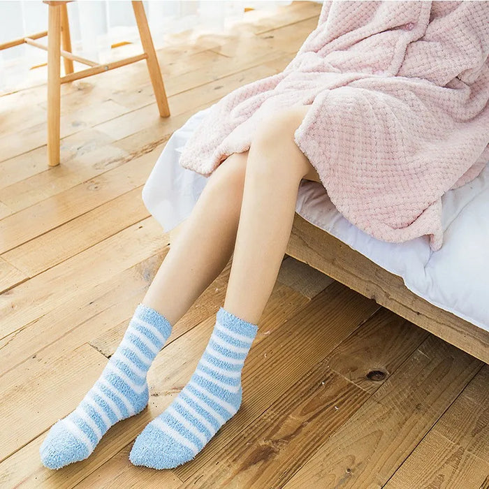 5 Pairs  Winter Striped Coral Fleece Sleep Socks