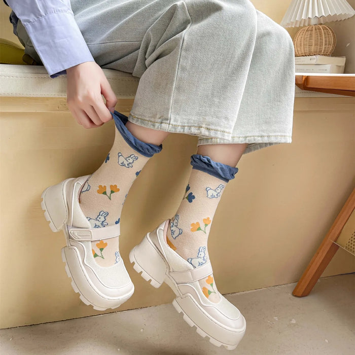 Blue Women Cartoon Print  Socks