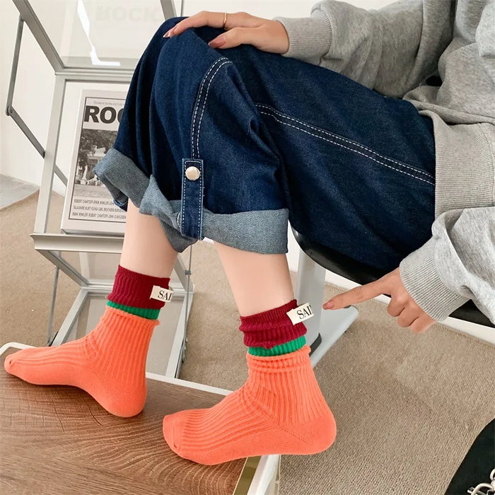 Contrast coloured socks, women's high top pile up socks