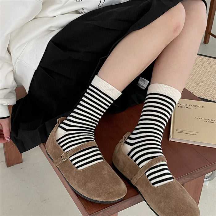 Striped Cotton Socks Women’s Breathable Middle Tube Socks