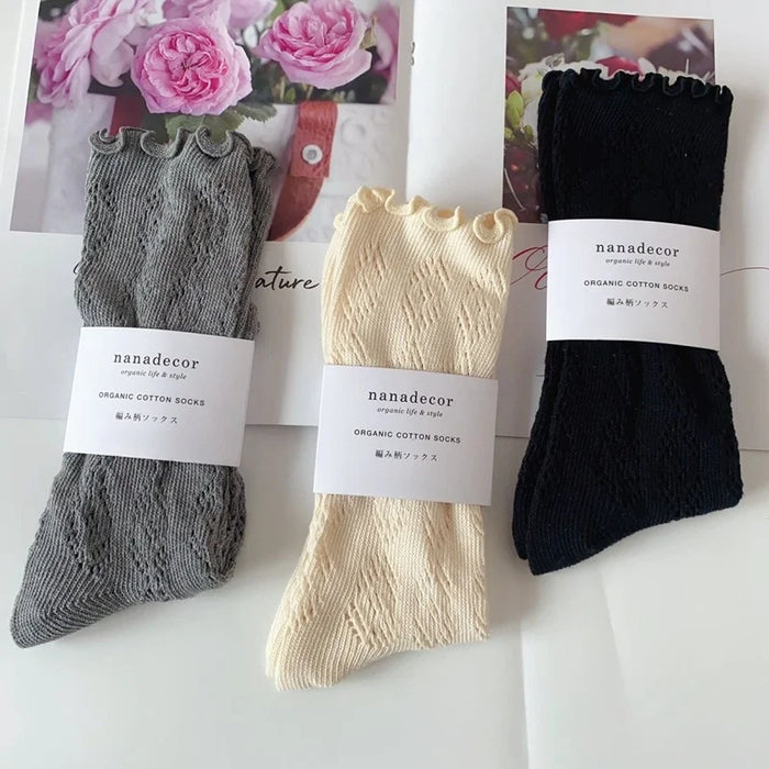 1-3pairs-hollow-socks-women-solid-color-sweet-mesh-mid-tube-stockings-girls-spring-summer-breathable-cotton-lace-roll-edge-socks