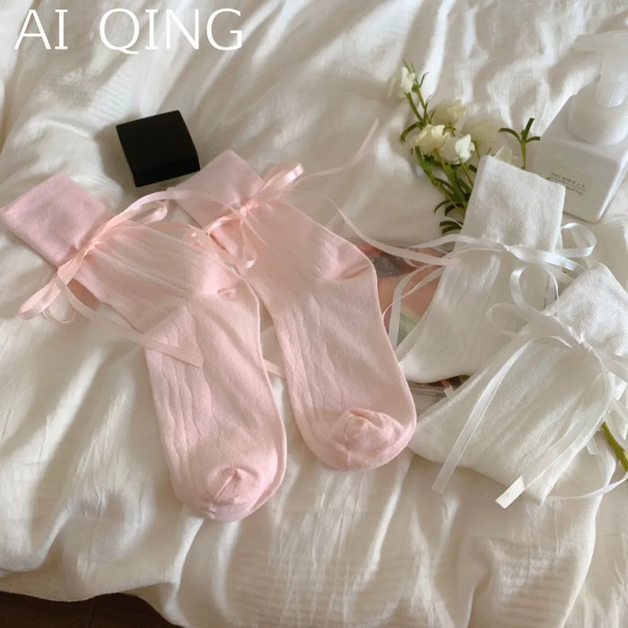 socks-women-bow-straps-hollow-solid-color-spring-and-autumn-ballet-socks-middle-tube-ribbon-casual-socks-for-women