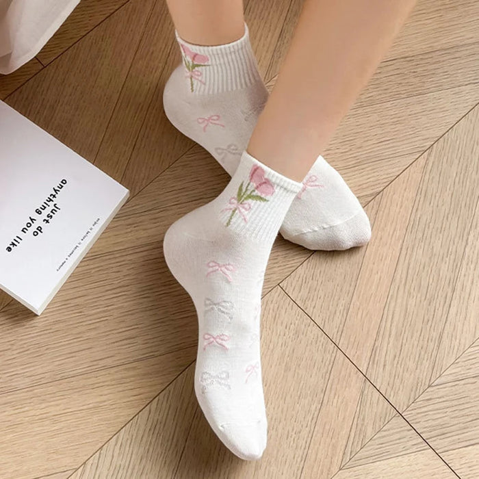 5/10 Pairs Women Bow Print Mid Tube Socks