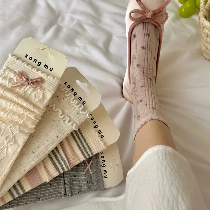 1/5 Pairs Women Flower Edge Bow Mid Tube Socks