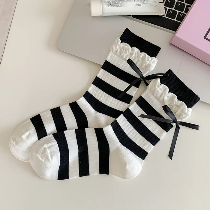 Trendy Sweet Crew Socks Bow Striped