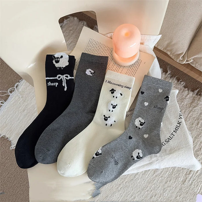 4Pairs/ Lovely Cartoon Sheep Print School Girls Socks