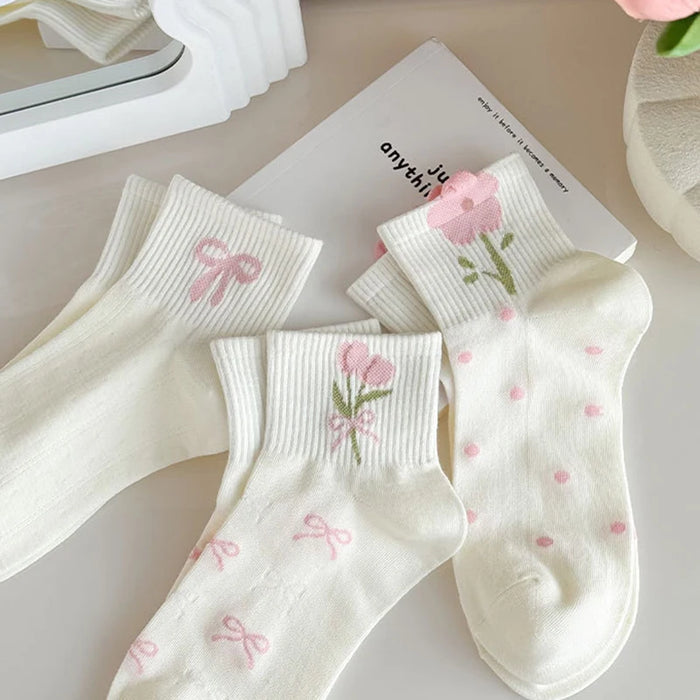 5/10 Pairs Women Bow Print Mid Tube Socks