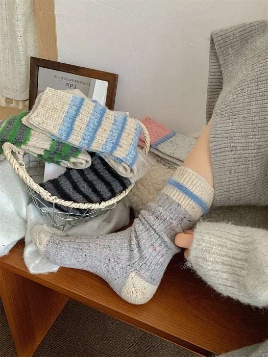 Wool Stripe Designer Socks Middle Tube