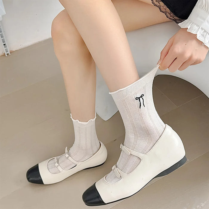 Lace Bow Long Socks Casual Crew Loose Sox Mid-tube Thin Stockings