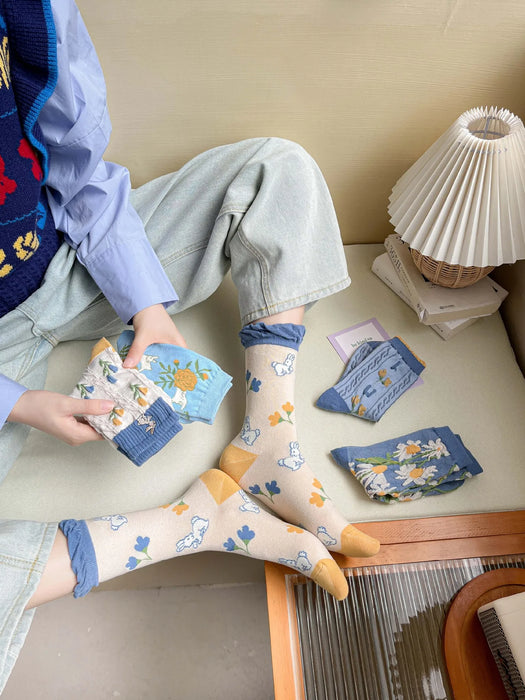 Blue Women Cartoon Print  Socks
