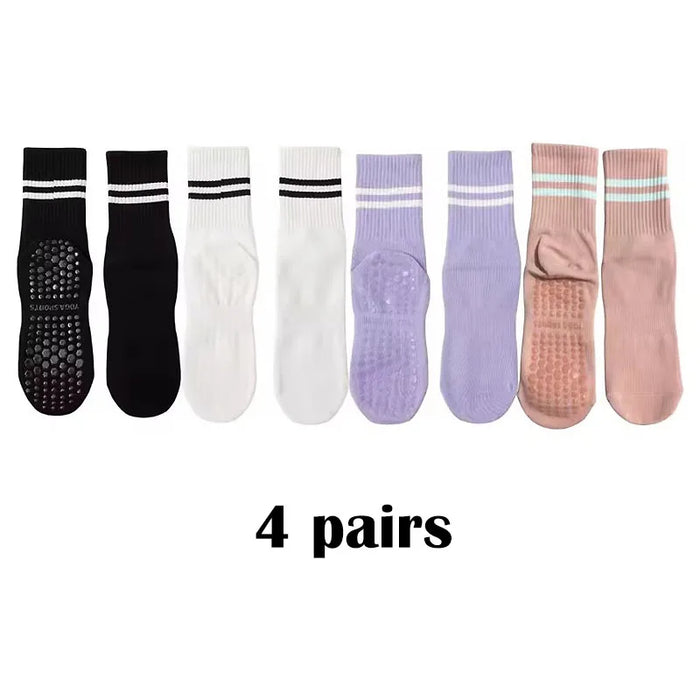 4-pairs-of-mid-tube-double-bar-striped-yoga-socks-anti-slip-dance-sports-breathable-socks-fitness-pilates-cotton-socks