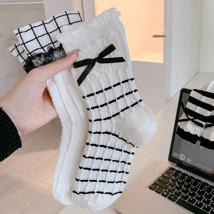 Trendy Sweet Crew Socks Bow Striped