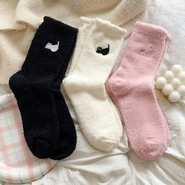 1/3P Cute Cat Mink Fleece Super Soft Socks for Women