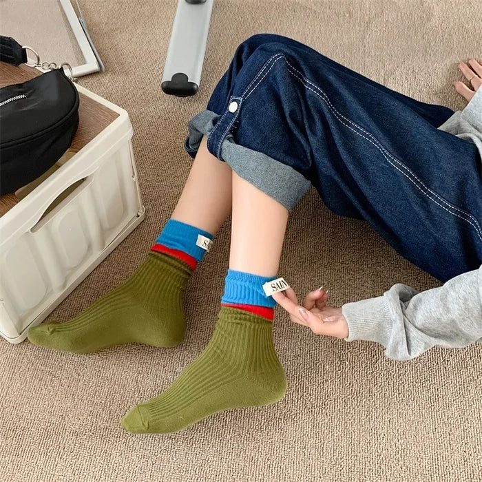 Contrast coloured socks, women's high top pile up socks