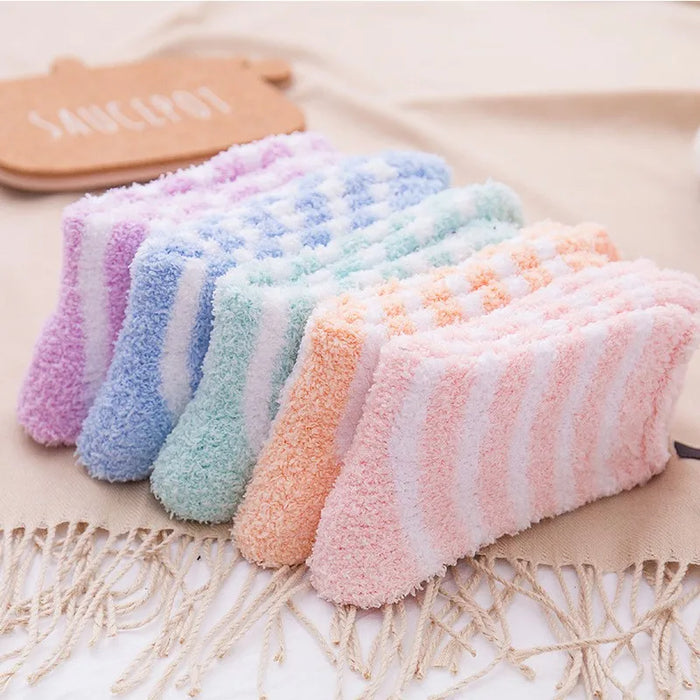 5 Pairs  Winter Striped Coral Fleece Sleep Socks