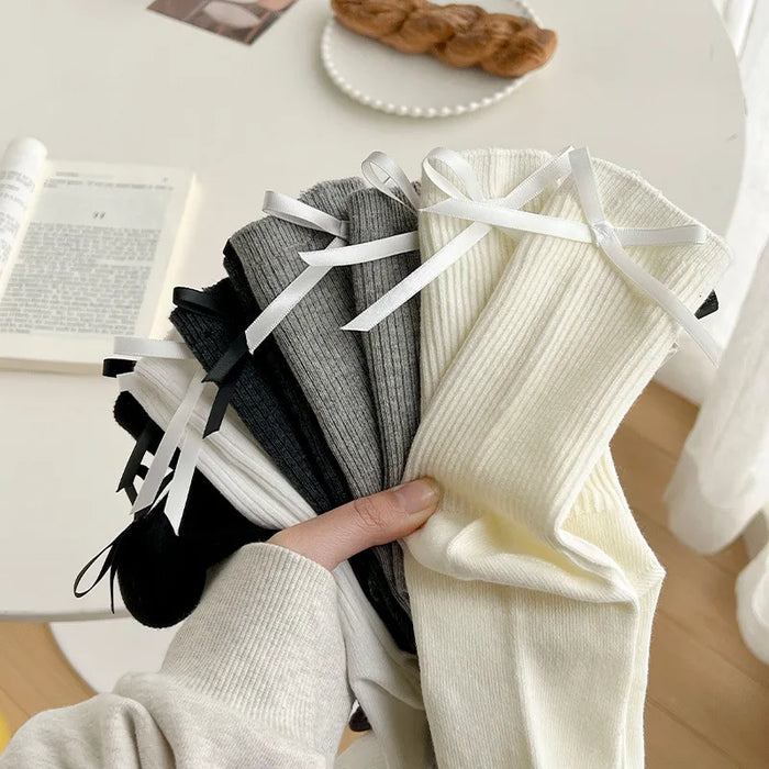 Sweet Bowknot Tied Middle Tube Socks Women Heel Bow Socks
