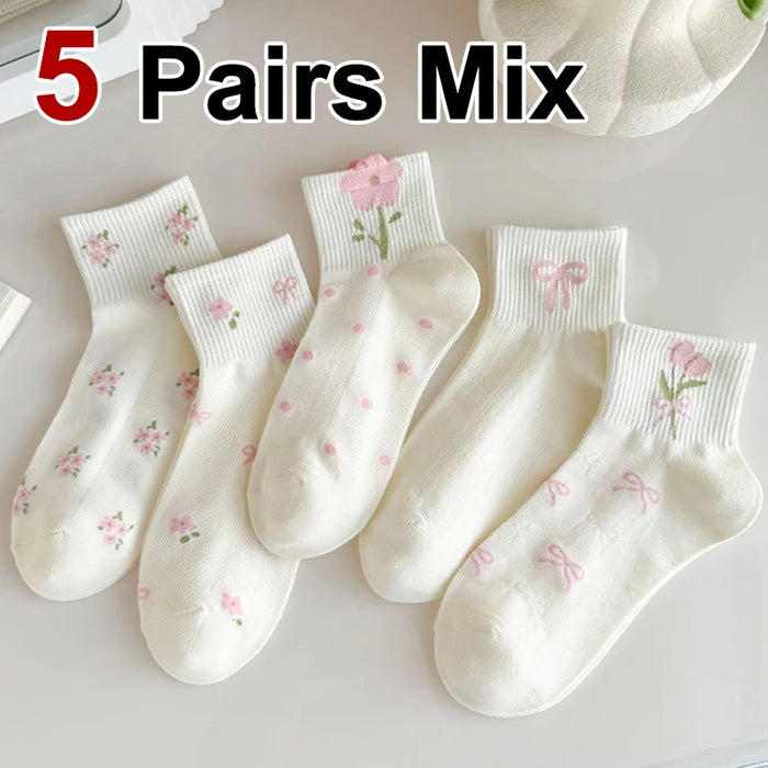 5/10 Pairs Women Bow Print Mid Tube Socks