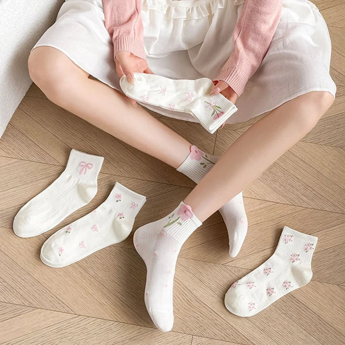 5/10 Pairs Women Bow Print Mid Tube Socks