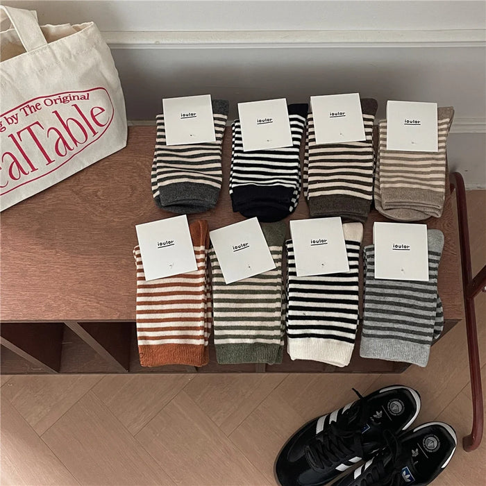 Striped Cotton Socks Women’s Breathable Middle Tube Socks