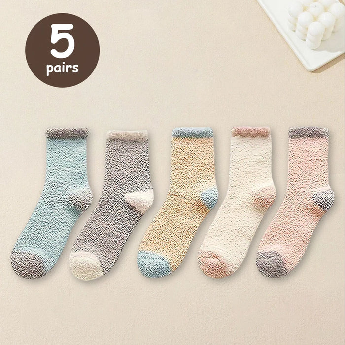 5 Pairs Thick Coral Fleece Socks Warm And Soft Mid Length Socks