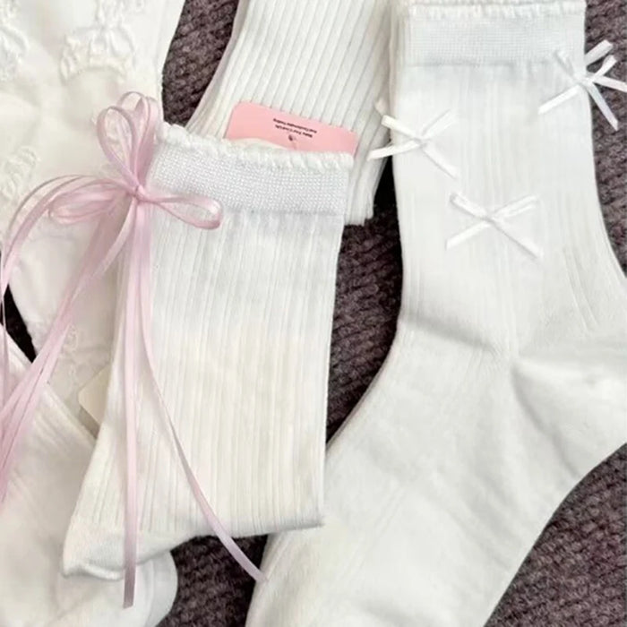 5 Pairs Women Flower Edge Bow Mid Tube Socks