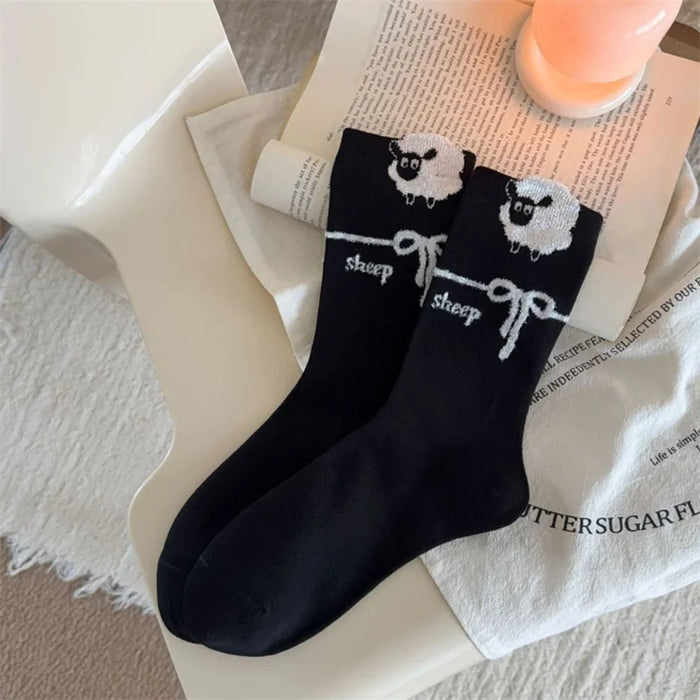 4Pairs/ Lovely Cartoon Sheep Print School Girls Socks