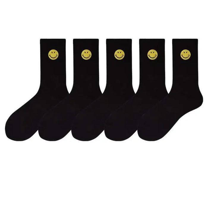 solid-color-medium-tube-socks-for-womens-fresh-smiling-face-pattern-simple-style-comfortable-breathable-girl-socks