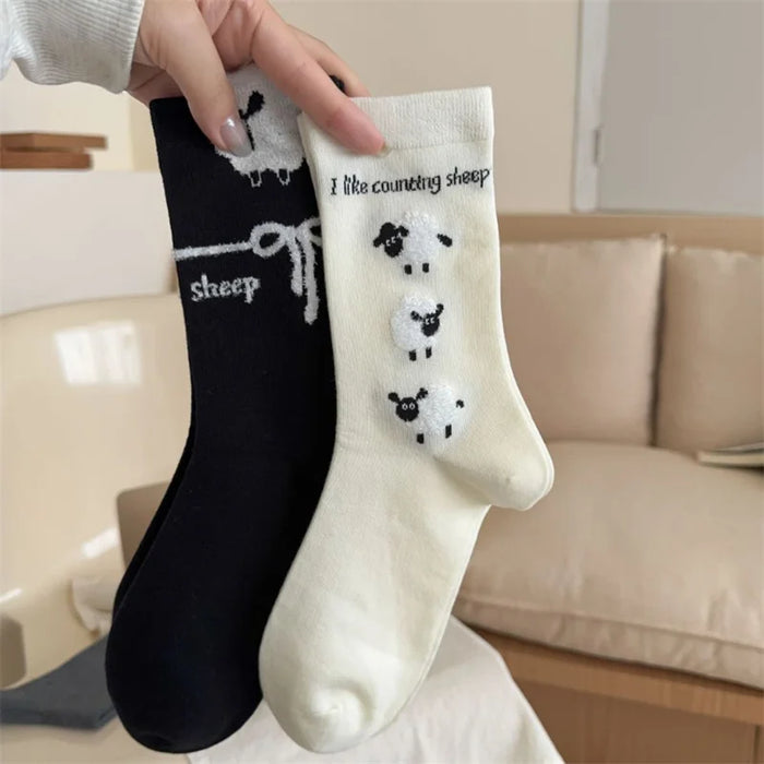 4Pairs/ Lovely Cartoon Sheep Print School Girls Socks