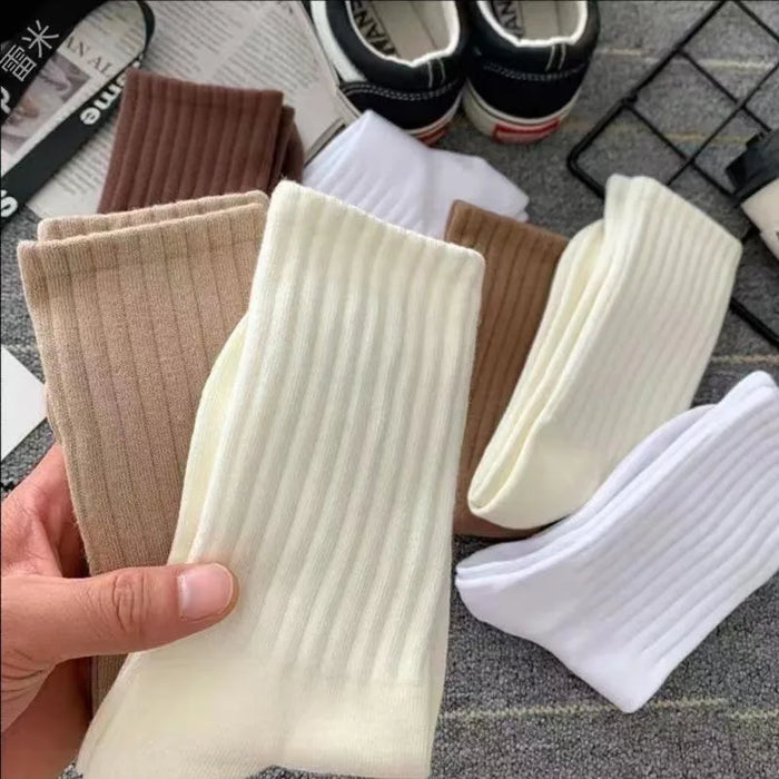 women-elastic-socks-solid-color-fashion-classic-striped-jk-socks-coffee-beige-white-black-cotton-middle-tube-long-casual-socks