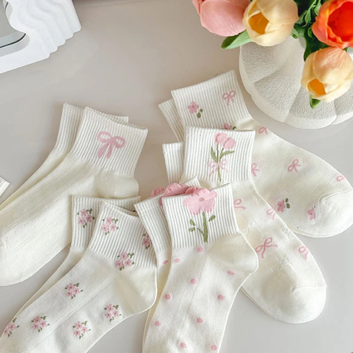 5/10 Pairs Women Bow Print Mid Tube Socks
