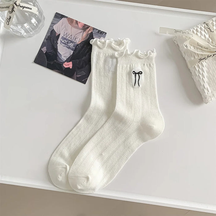 Lace Bow Long Socks Casual Crew Loose Sox Mid-tube Thin Stockings